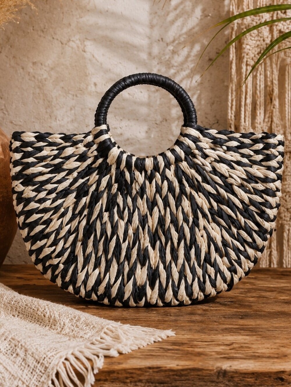 Bohemian Half Moon Woven Straw Handbag